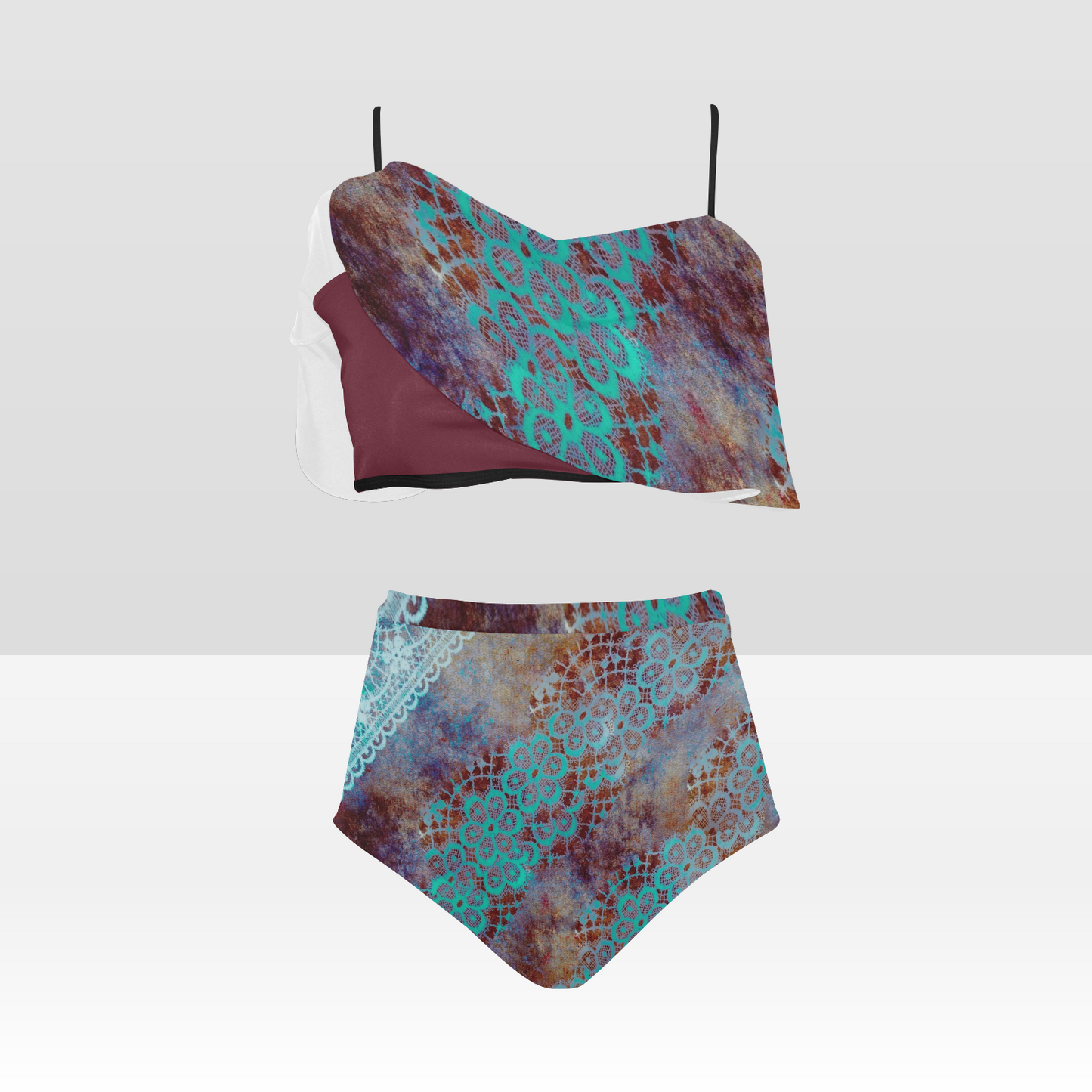 Flounce & Ruffle Bikini swimwear, Printed Victorian lace, Design 37 High Waisted Ruffle Bikini Set-A/B (Model SO3)