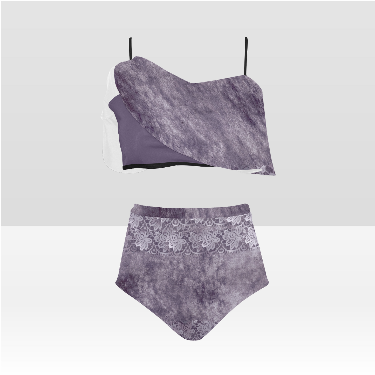 Flounce & Ruffle Bikini swimwear, Printed Victorian lace, Design 39 High Waisted Ruffle Bikini Set-A/B (Model SO3)