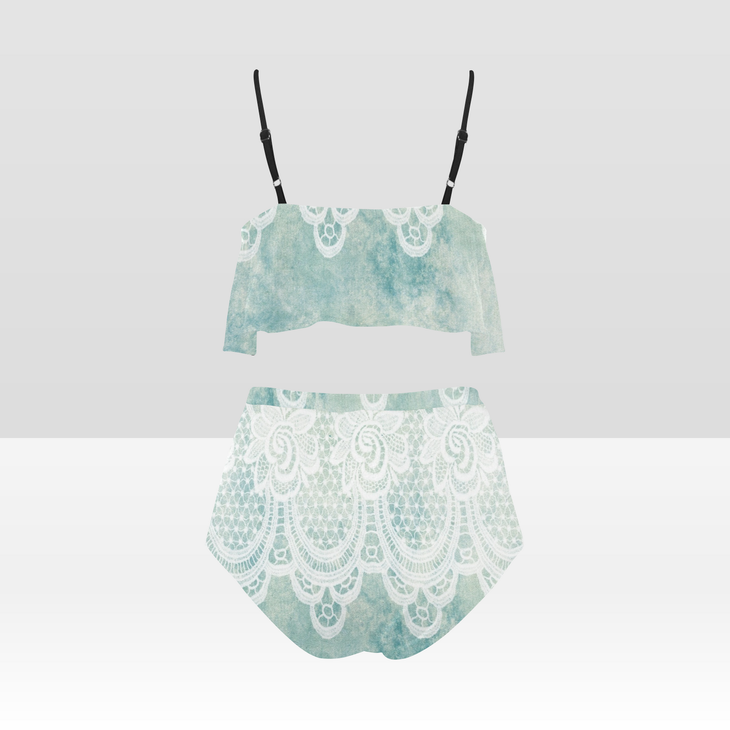 Flounce & Ruffle Bikini swimwear, Printed Victorian lace, Design 41 High Waisted Ruffle Bikini Set-A/B (Model SO3)
