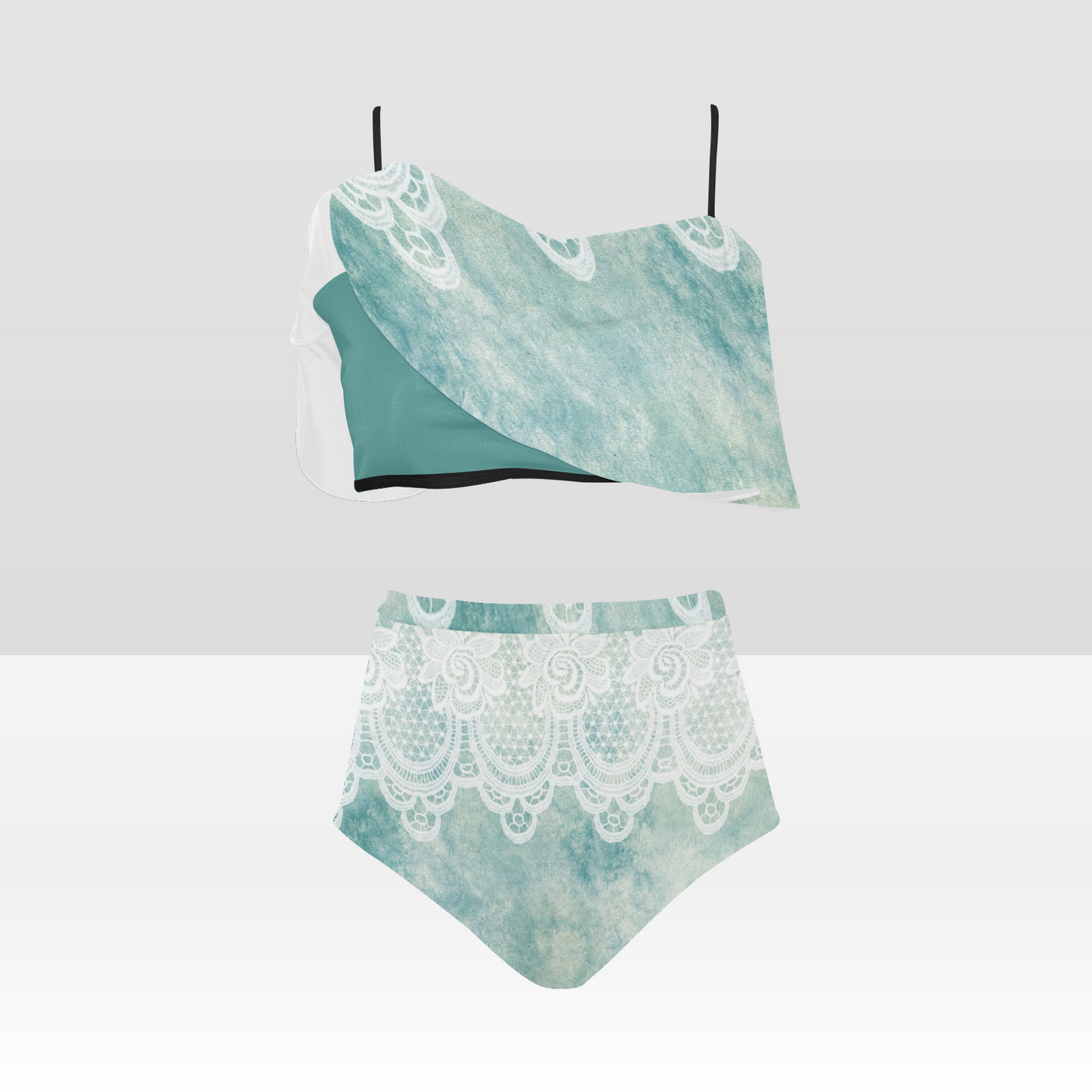 Flounce & Ruffle Bikini swimwear, Printed Victorian lace, Design 41 High Waisted Ruffle Bikini Set-A/B (Model SO3)
