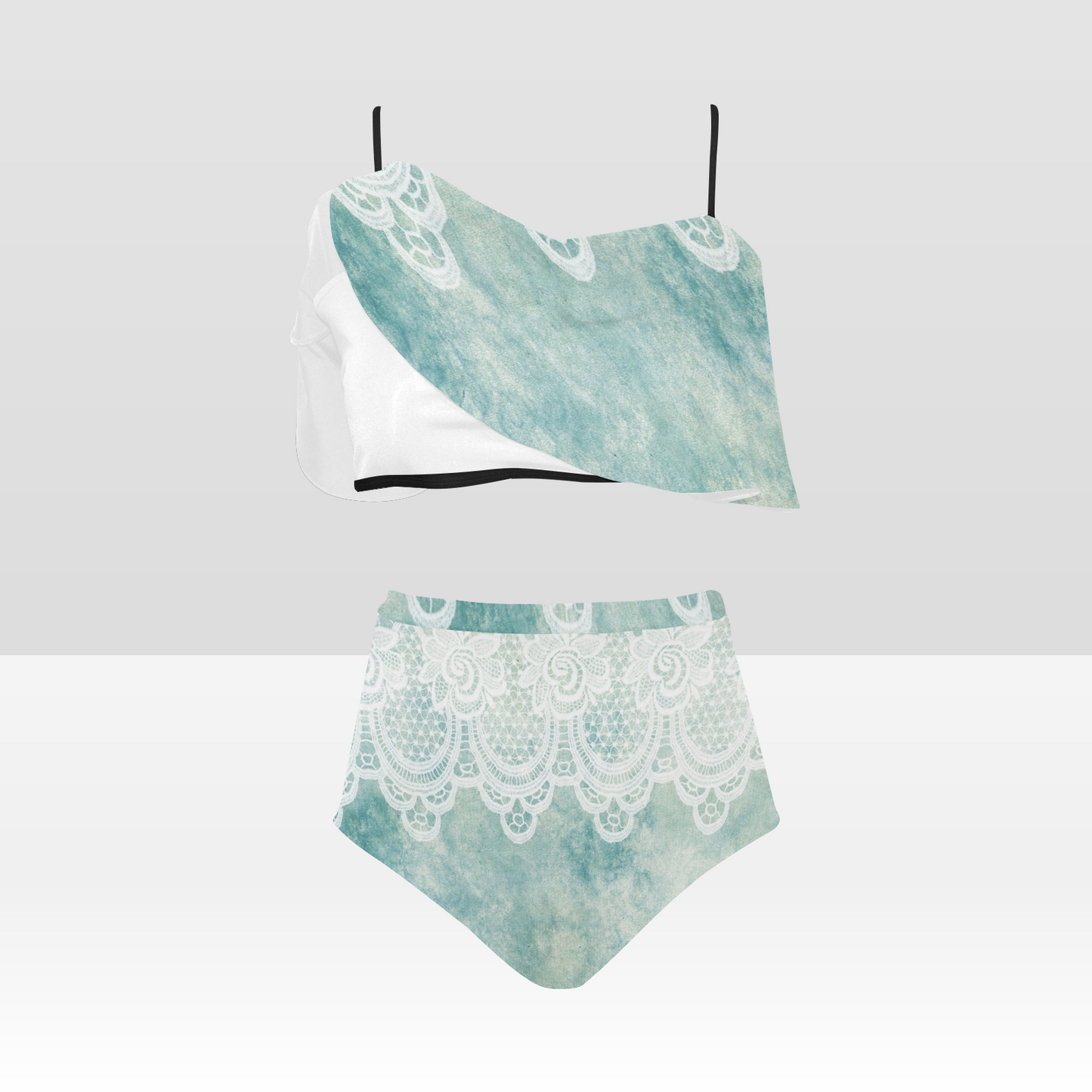 Flounce & Ruffle Bikini swimwear, Printed Victorian lace, Design 41 High Waisted Ruffle Bikini Set-A/B (Model SO3)