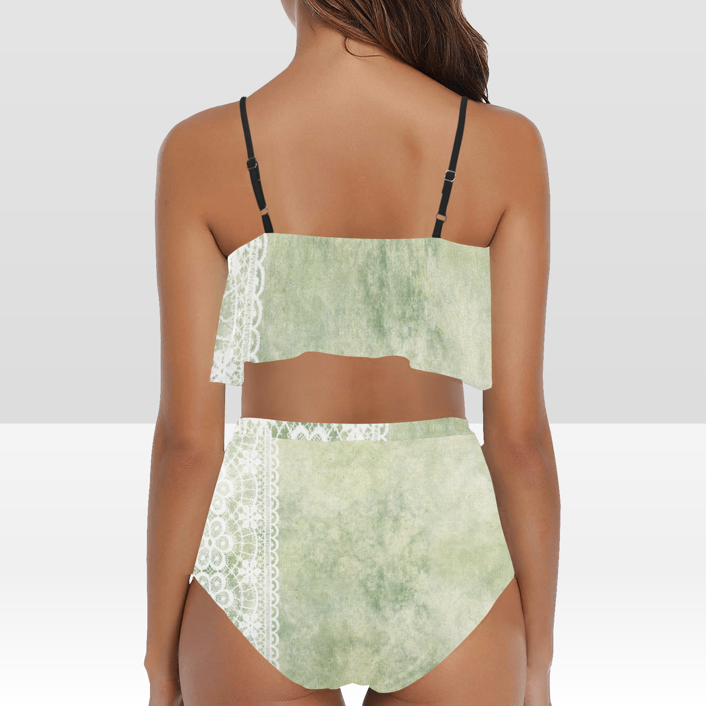 Flounce & Ruffle Bikini swimwear, Printed Victorian lace, Design 42 High Waisted Ruffle Bikini Set-A/B (Model SO3)