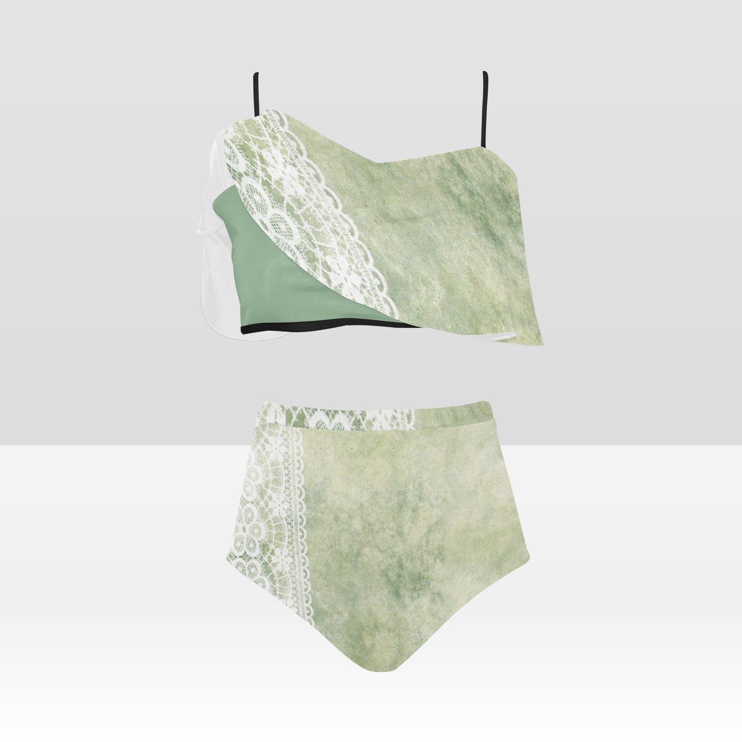 Flounce & Ruffle Bikini swimwear, Printed Victorian lace, Design 42 High Waisted Ruffle Bikini Set-A/B (Model SO3)