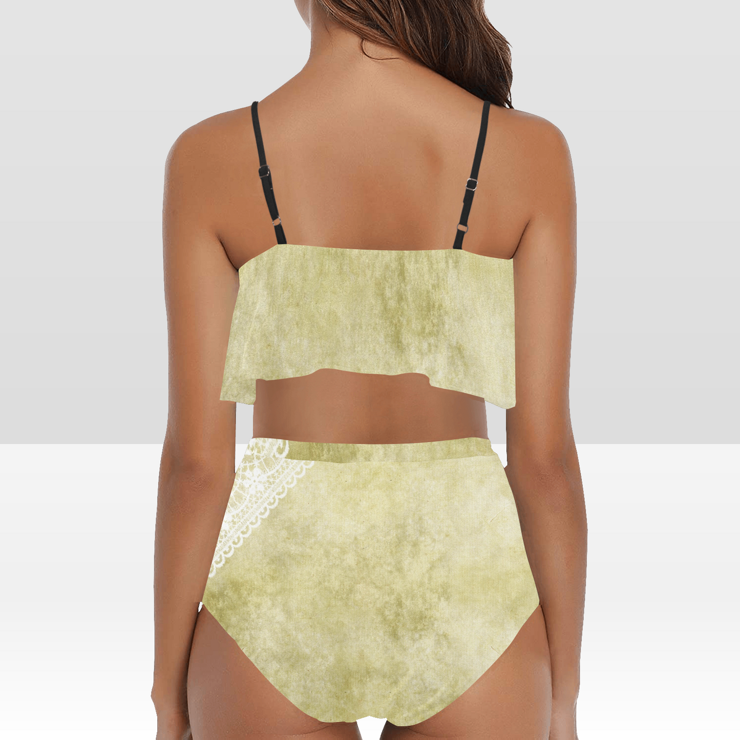 Flounce & Ruffle Bikini swimwear, Printed Victorian lace, Design 43 High Waisted Ruffle Bikini Set-A/B (Model SO3)