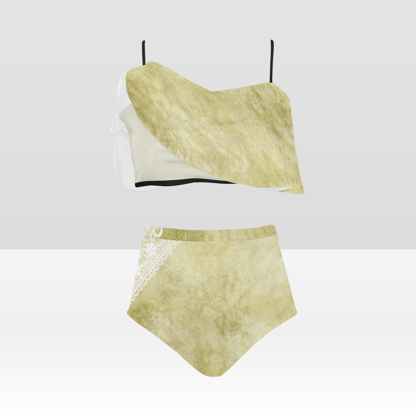 Flounce & Ruffle Bikini swimwear, Printed Victorian lace, Design 43 High Waisted Ruffle Bikini Set-A/B (Model SO3)