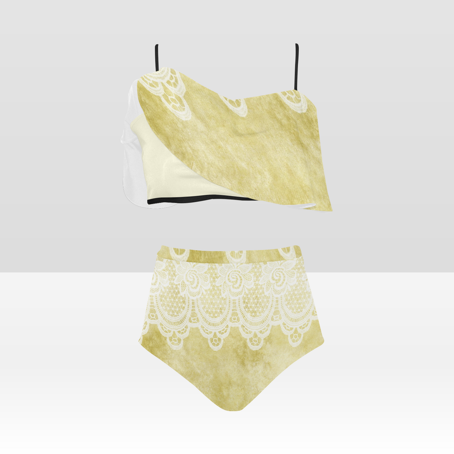 Flounce & Ruffle Bikini swimwear, Printed Victorian lace, Design 44 High Waisted Ruffle Bikini Set-A/B (Model SO3)
