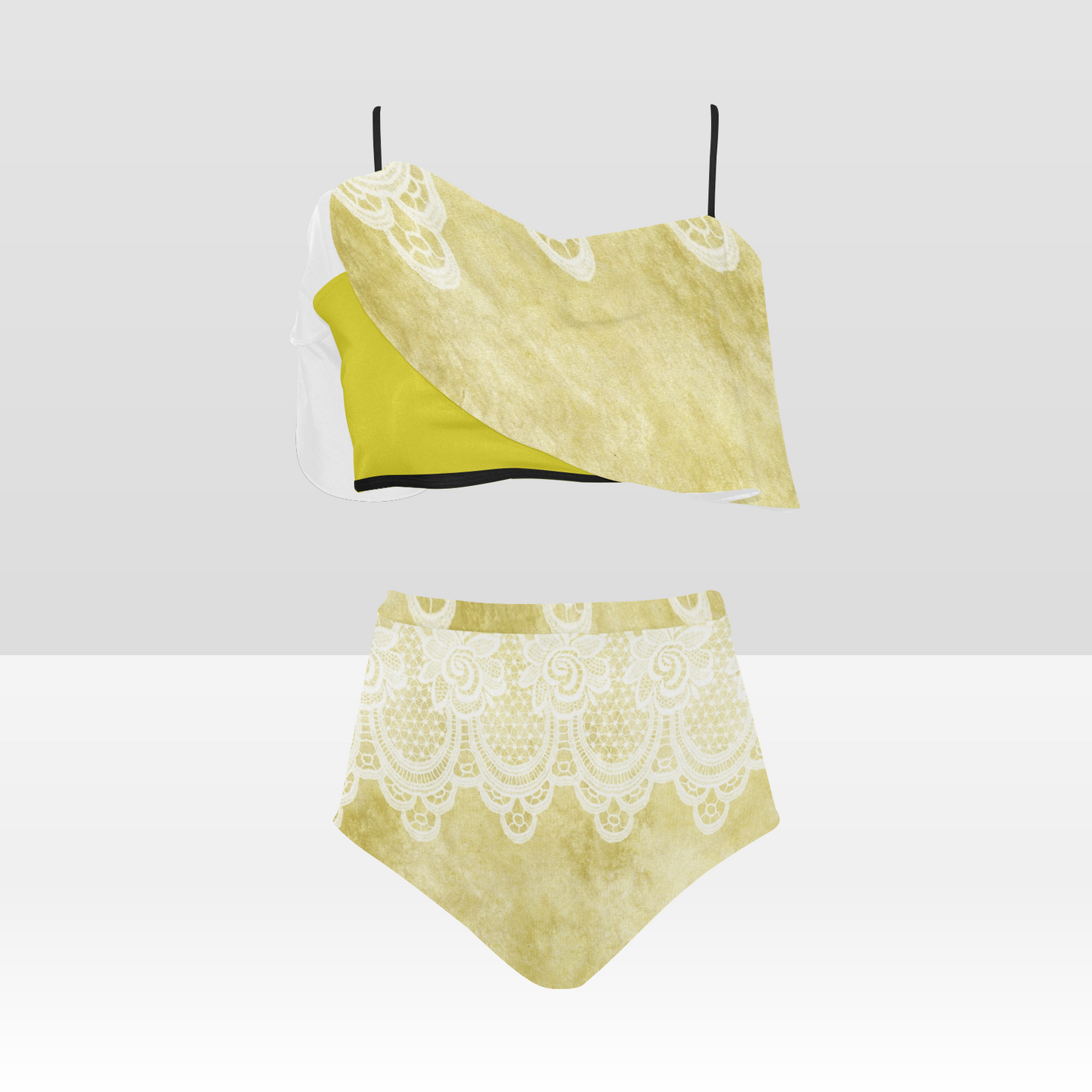 Flounce & Ruffle Bikini swimwear, Printed Victorian lace, Design 44 High Waisted Ruffle Bikini Set-A/B (Model SO3)