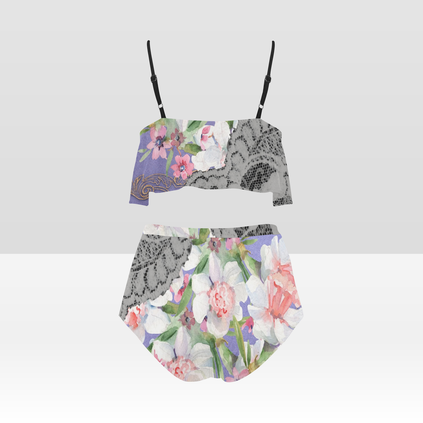 Flounce & Ruffle Bikini swimwear, Printed Victorian lace, Design 45 High Waisted Ruffle Bikini Set-A/B/C (Model SO3)