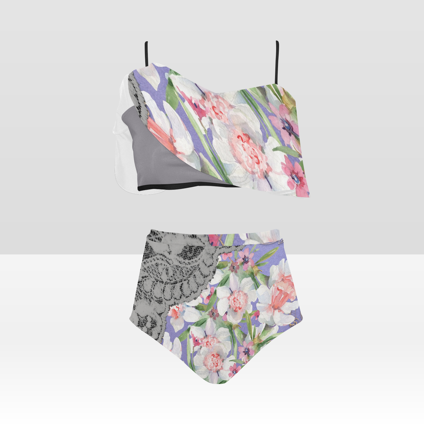 Flounce & Ruffle Bikini swimwear, Printed Victorian lace, Design 45 High Waisted Ruffle Bikini Set-A/B/C (Model SO3)