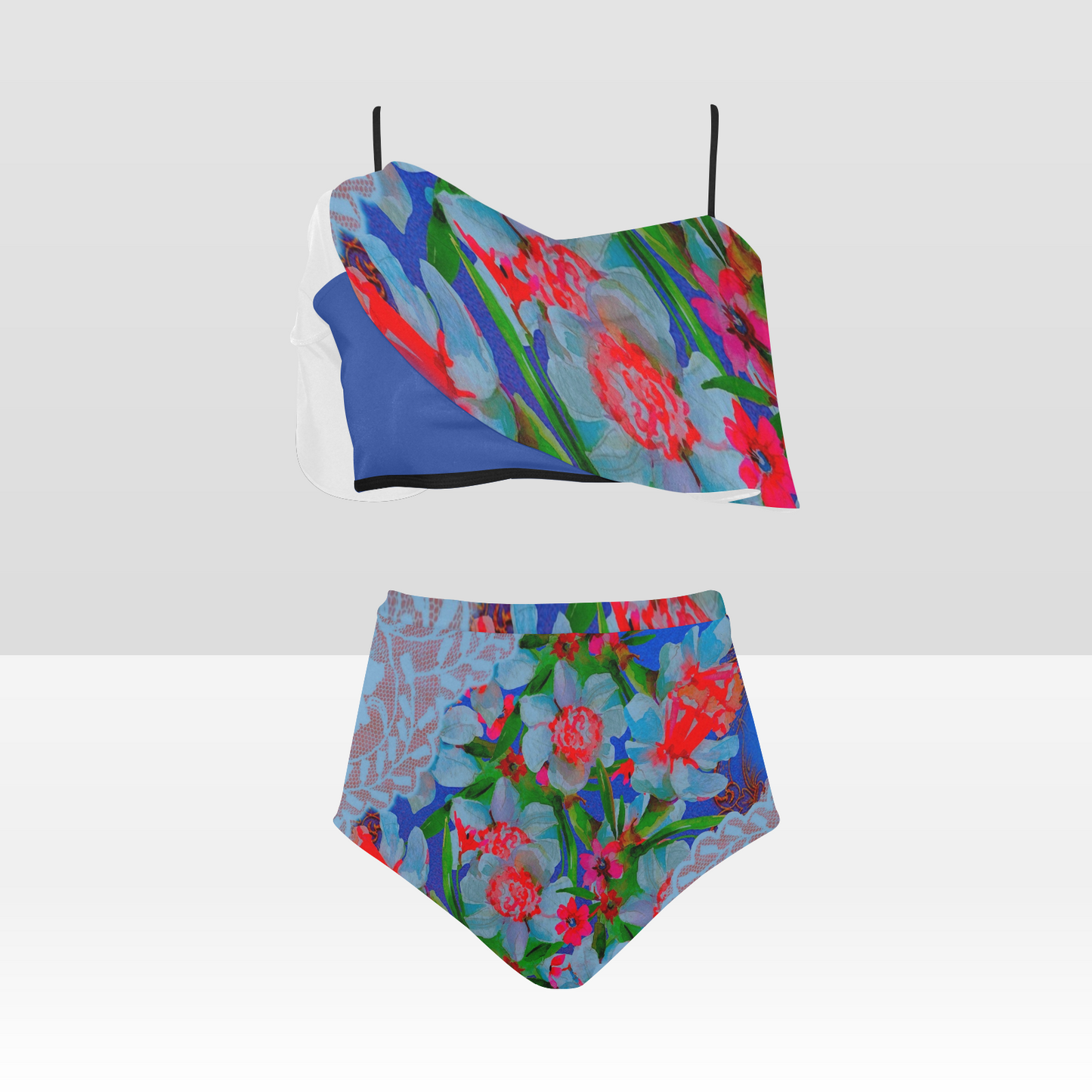 Flounce & Ruffle Bikini swimwear, Printed Victorian lace, Design 46 High Waisted Ruffle Bikini Set-A/B (Model SO3)