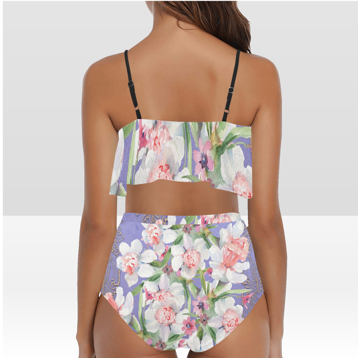 Flounce & Ruffle Bikini swimwear, Printed Victorian lace, Design 47 High Waisted Ruffle Bikini Set-A/B/C (Model SO3)