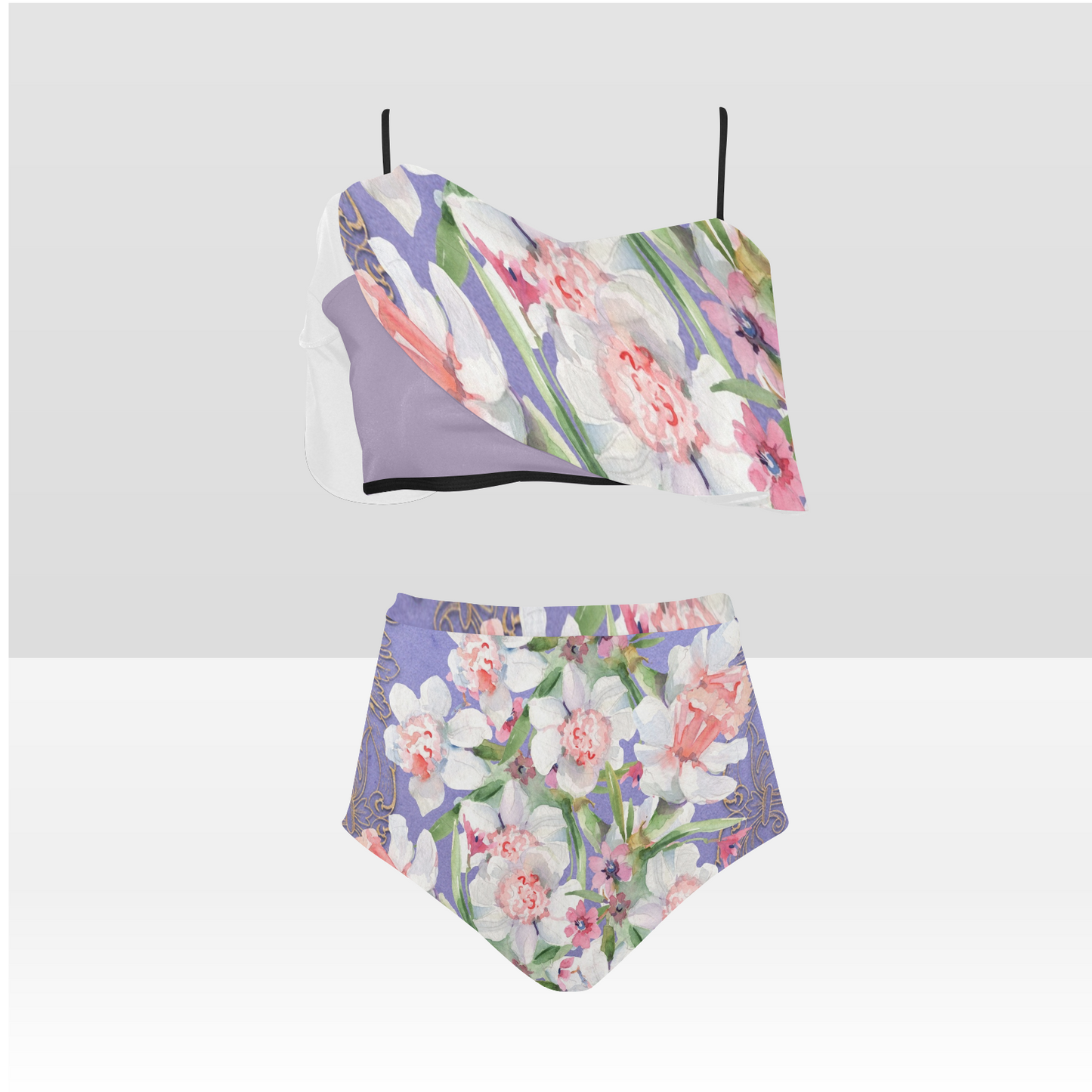 Flounce & Ruffle Bikini swimwear, Printed Victorian lace, Design 47 High Waisted Ruffle Bikini Set-A/B/C (Model SO3)