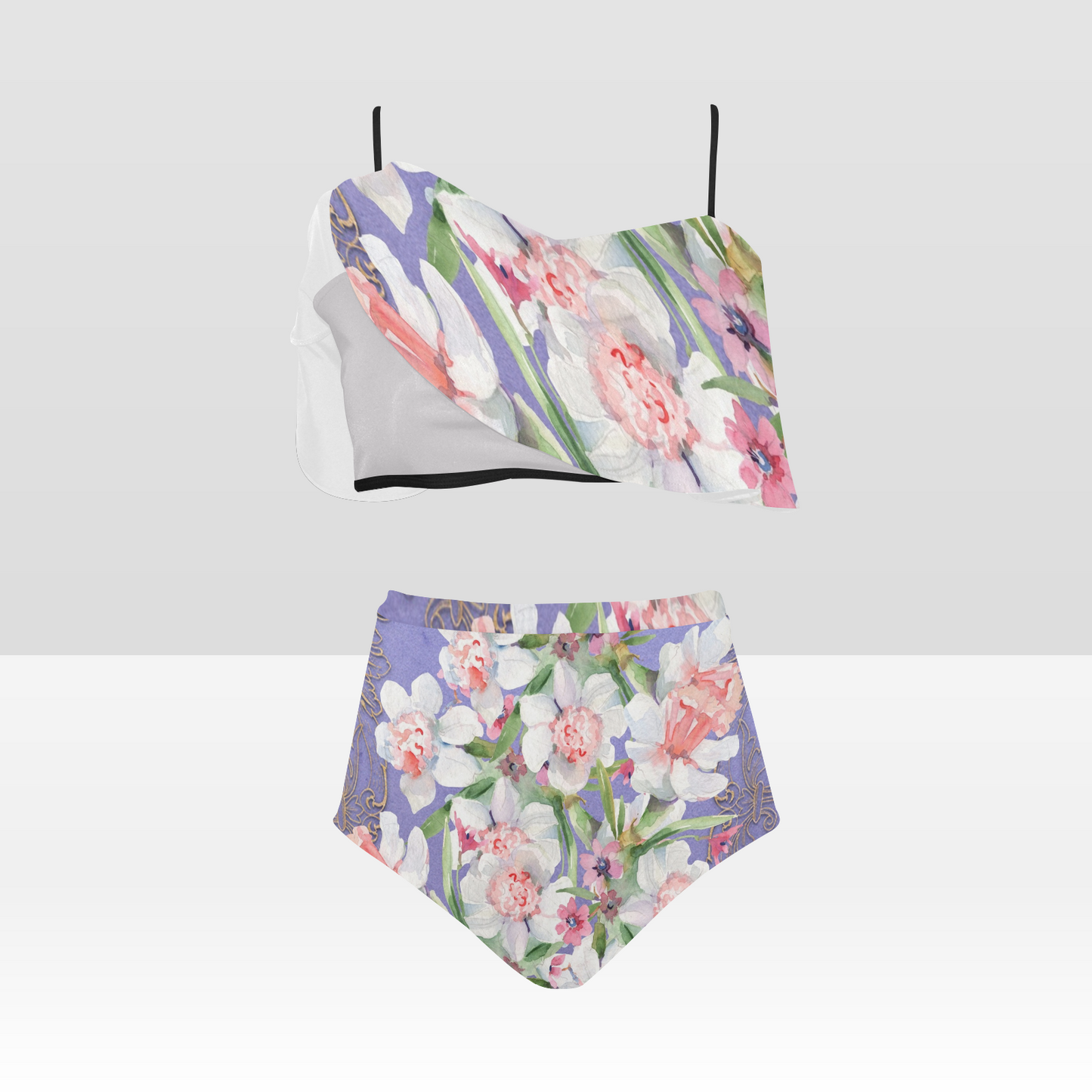 Flounce & Ruffle Bikini swimwear, Printed Victorian lace, Design 47 High Waisted Ruffle Bikini Set-A/B/C (Model SO3)