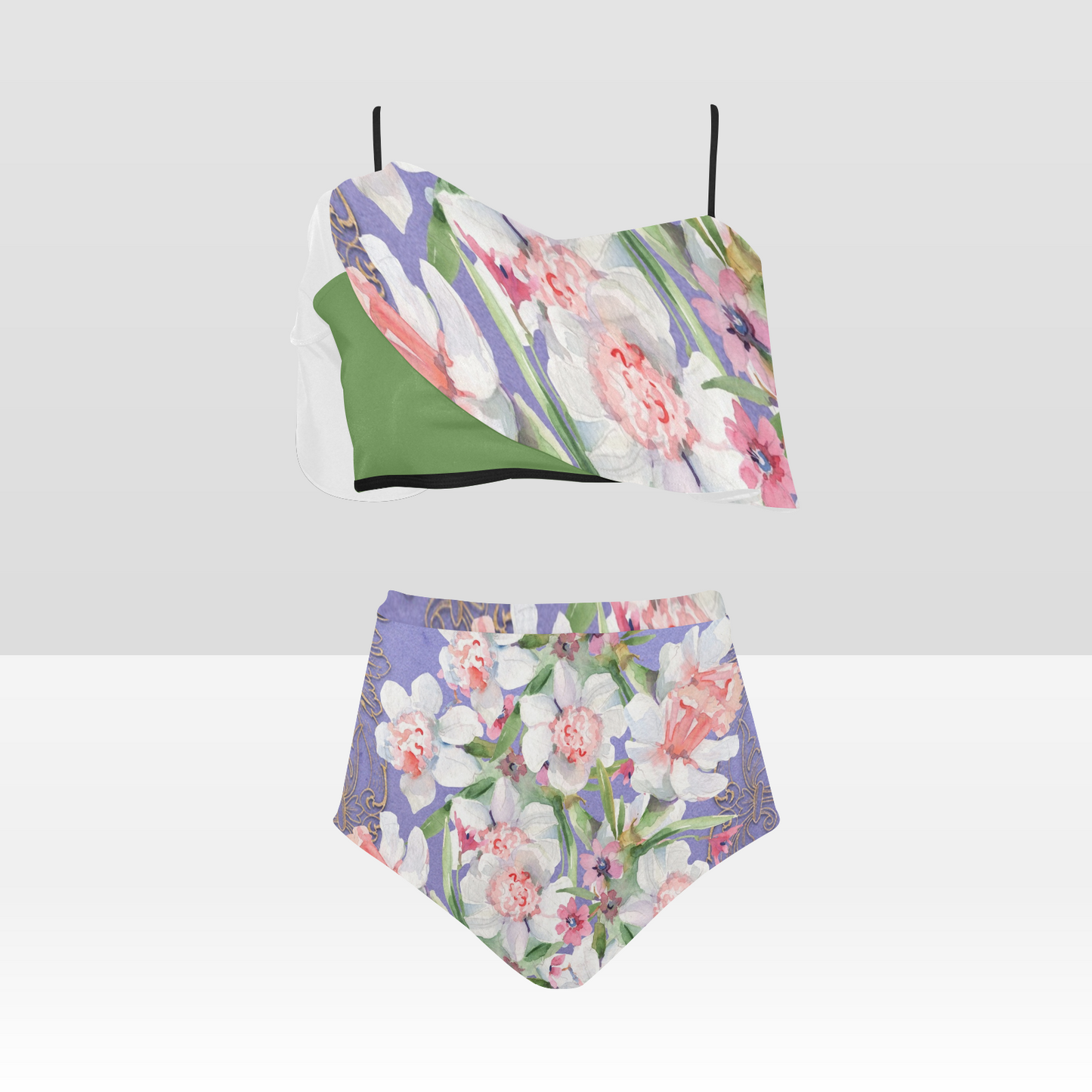 Flounce & Ruffle Bikini swimwear, Printed Victorian lace, Design 47 High Waisted Ruffle Bikini Set-A/B/C (Model SO3)