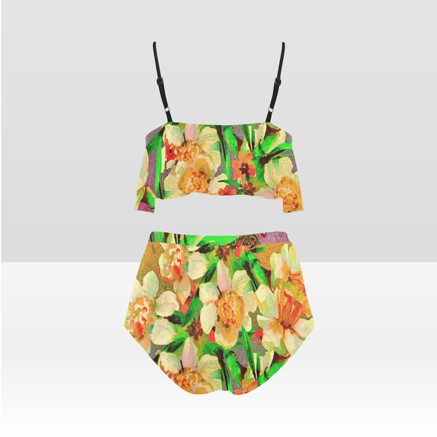 Flounce & Ruffle Bikini swimwear, Printed Victorian lace, Design 48 High Waisted Ruffle Bikini Set-A/B/C (Model SO3)