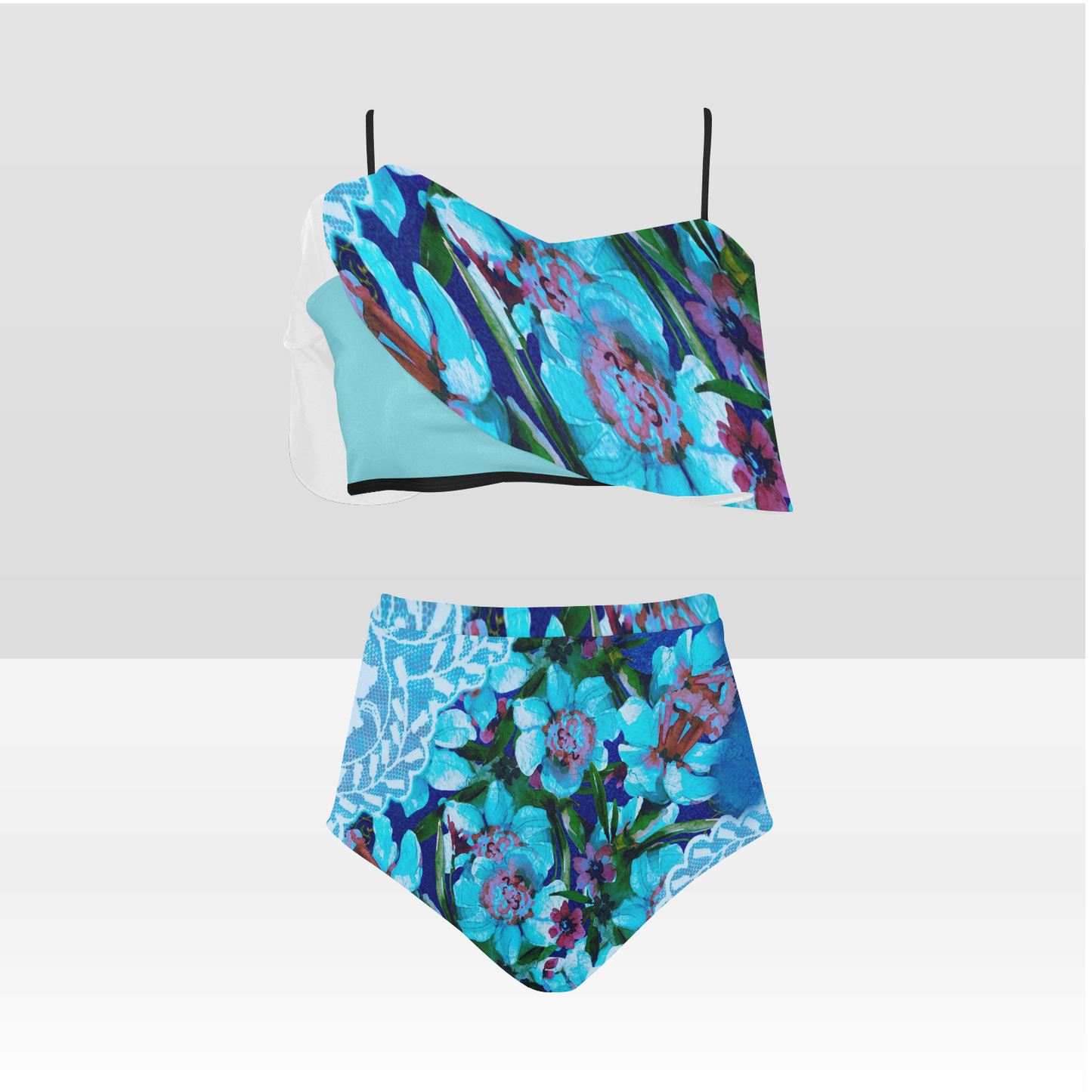 Flounce & Ruffle Bikini swimwear, Printed Victorian lace, Design 49 High Waisted Ruffle Bikini Set-A/B/C (Model SO3)
