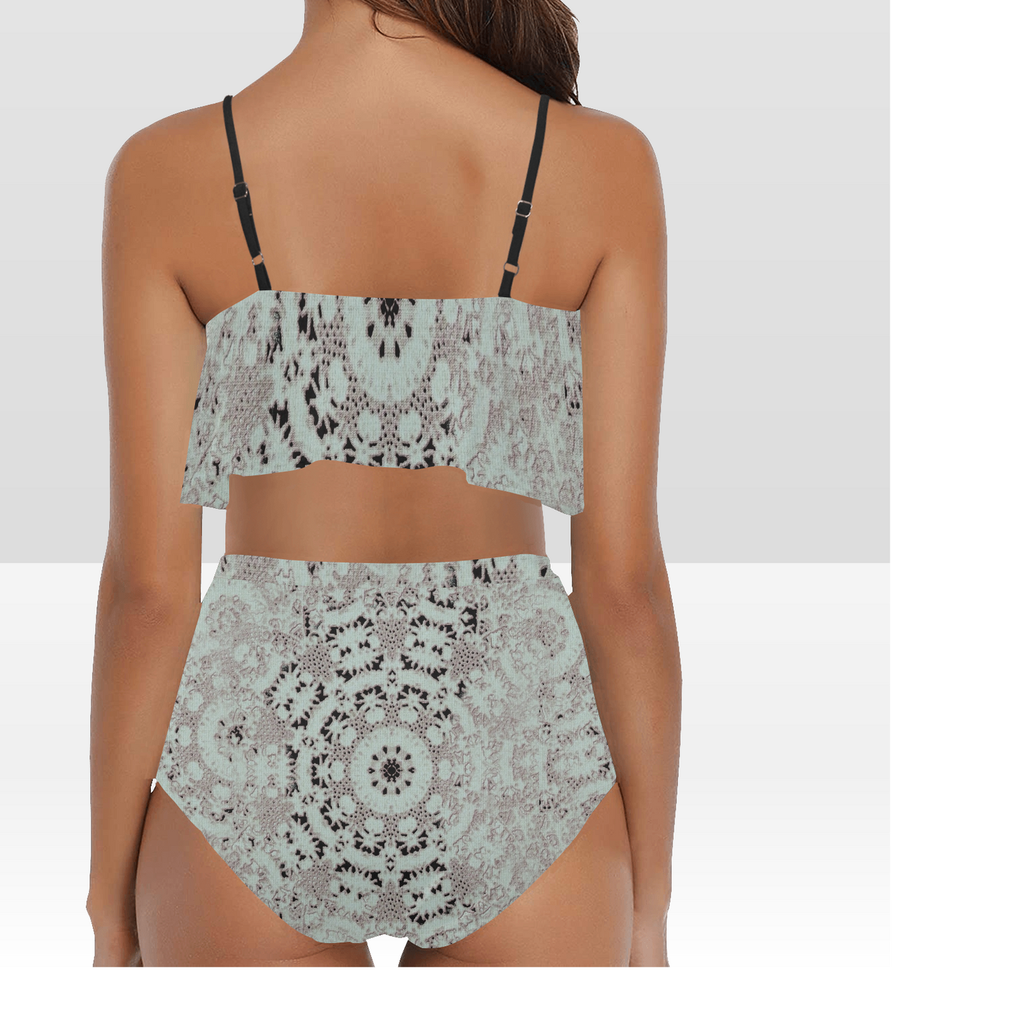 Flounce & Ruffle Bikini swimwear, Printed Victorian lace, Design 51 High Waisted Ruffle Bikini Set-A/B/C (Model SO3)