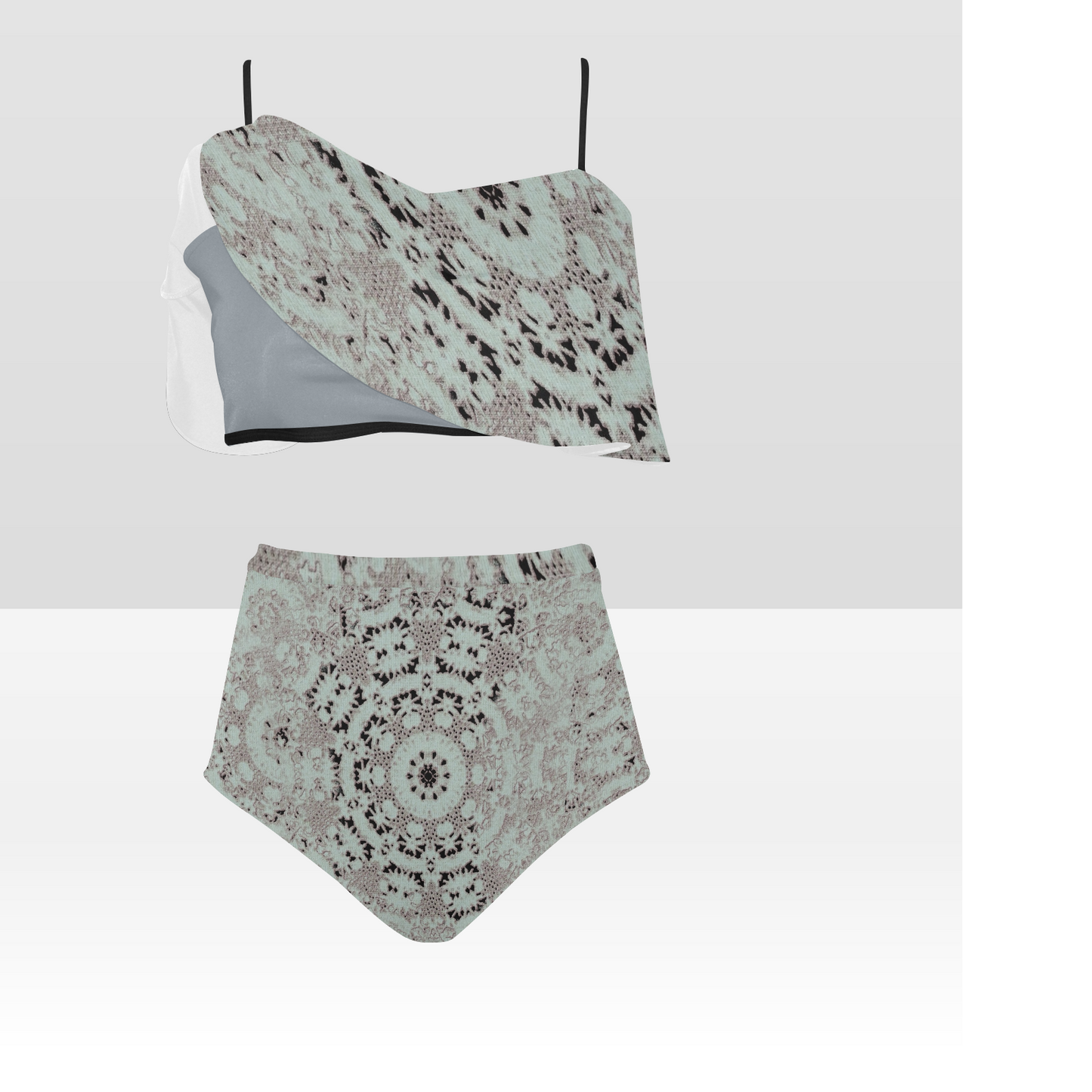 Flounce & Ruffle Bikini swimwear, Printed Victorian lace, Design 51 High Waisted Ruffle Bikini Set-A/B/C (Model SO3)