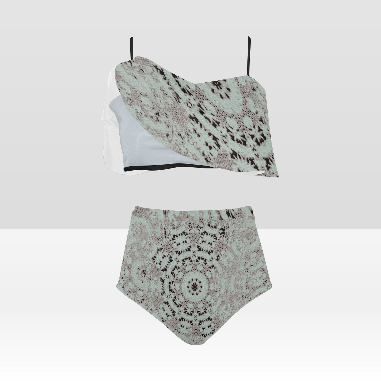 Flounce & Ruffle Bikini swimwear, Printed Victorian lace, Design 51 High Waisted Ruffle Bikini Set-A/B/C (Model SO3)