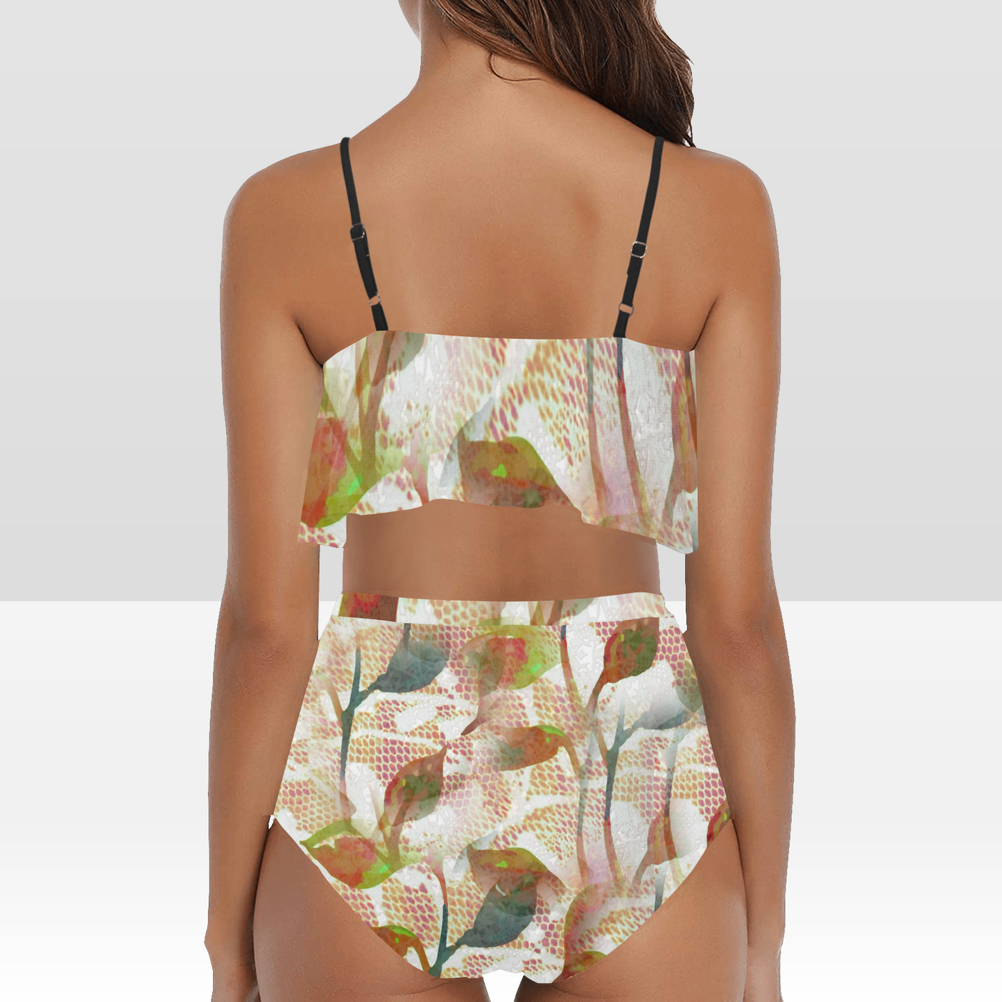 Flounce & Ruffle Bikini swimwear, Printed Victorian lace, Design 52 High Waisted Ruffle Bikini Set-A/B/C (Model SO3)