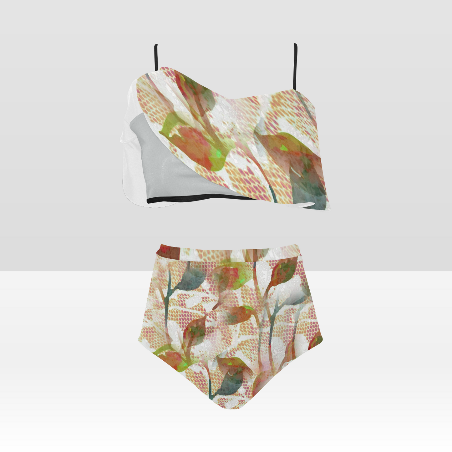 Flounce & Ruffle Bikini swimwear, Printed Victorian lace, Design 52 High Waisted Ruffle Bikini Set-A/B/C (Model SO3)