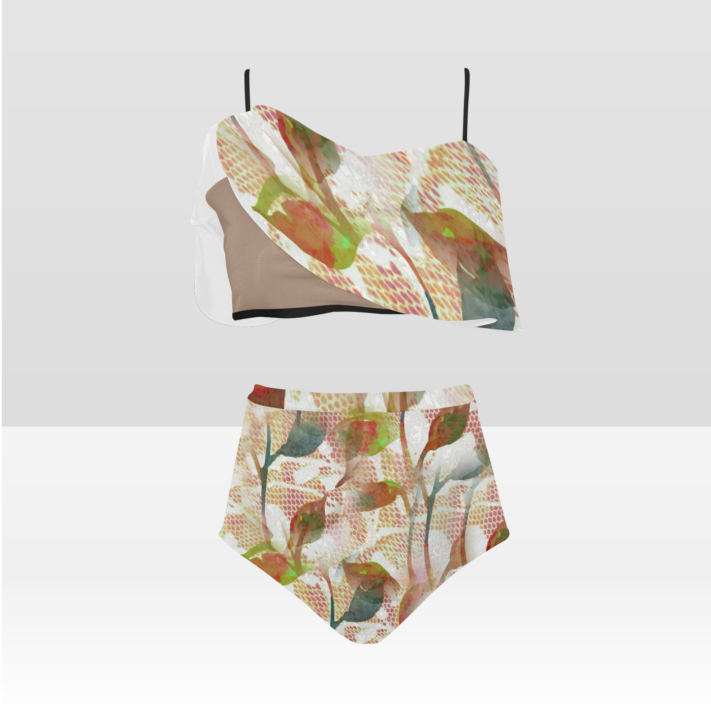 Flounce & Ruffle Bikini swimwear, Printed Victorian lace, Design 52 High Waisted Ruffle Bikini Set-A/B/C (Model SO3)