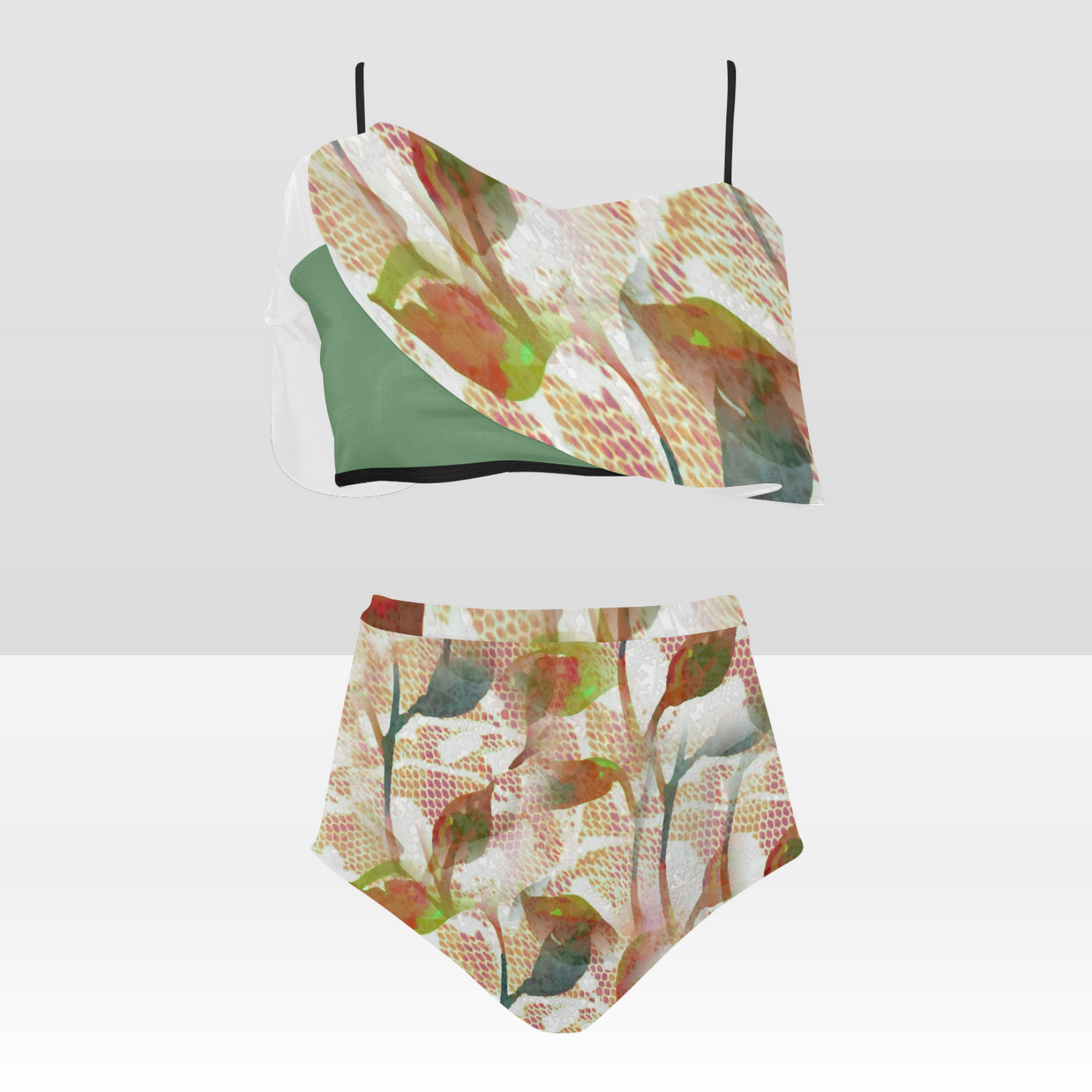 Flounce & Ruffle Bikini swimwear, Printed Victorian lace, Design 52 High Waisted Ruffle Bikini Set-A/B/C (Model SO3)