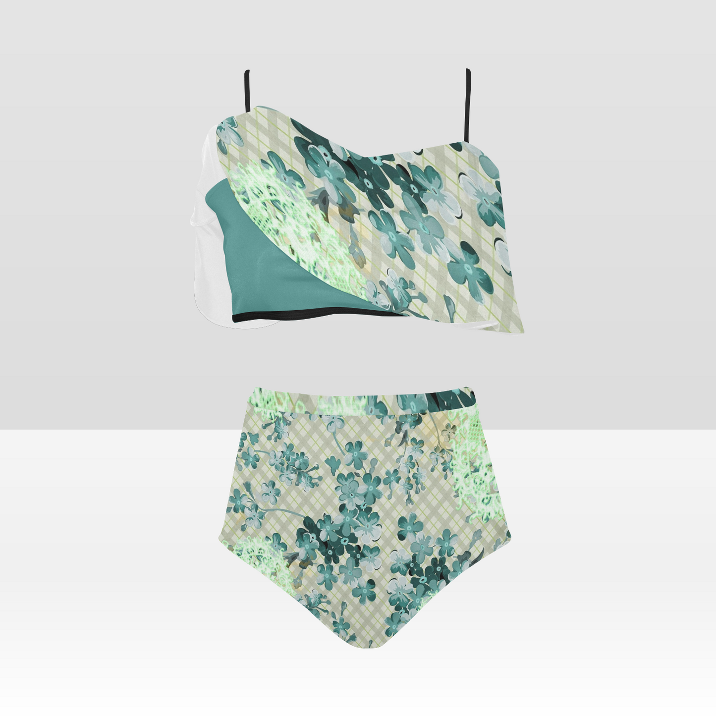 Flounce & Ruffle Bikini swimwear, Printed Victorian lace, Design 53 High Waisted Ruffle Bikini Set-A/B (Model SO3)