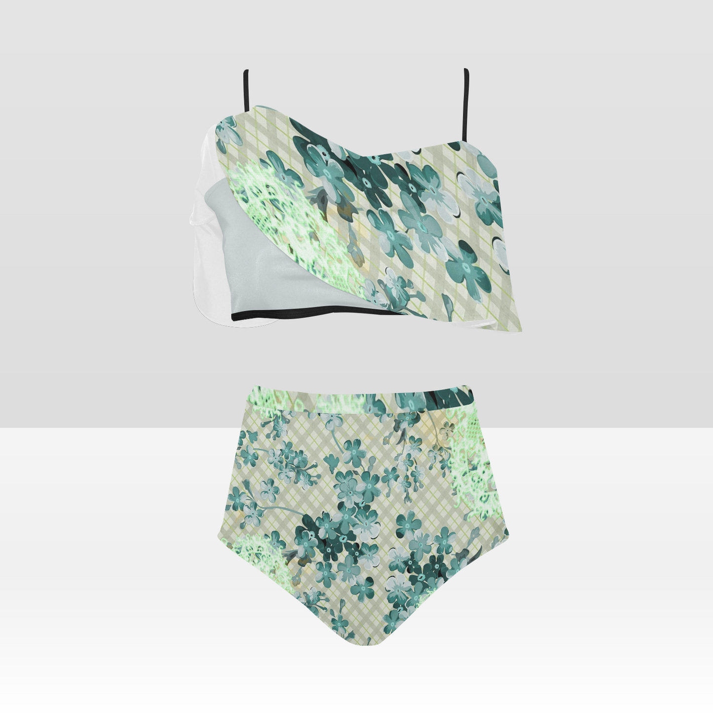 Flounce & Ruffle Bikini swimwear, Printed Victorian lace, Design 53 High Waisted Ruffle Bikini Set-A/B (Model SO3)