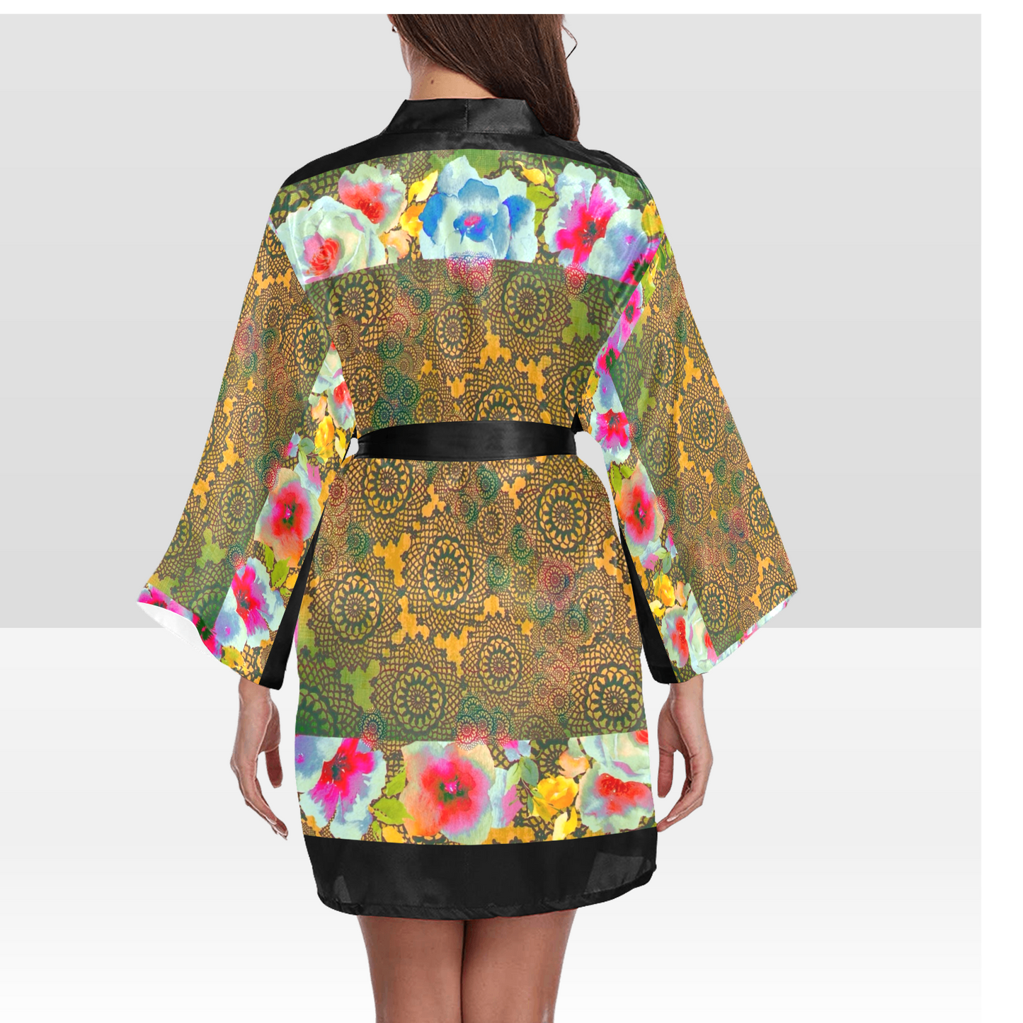 Victorian Lace Kimono Robe, Black or White Trim, Sizes XS to 2XL, Design 15