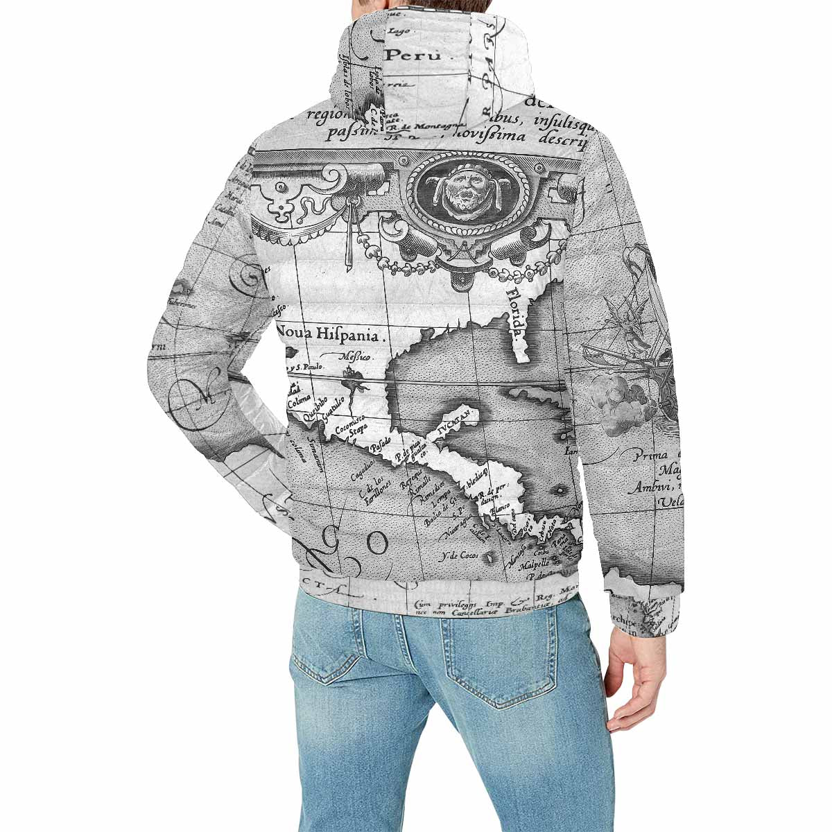 Antique Map design, mens lightweight, warm, quilted hooded bomber jacket, design, 44