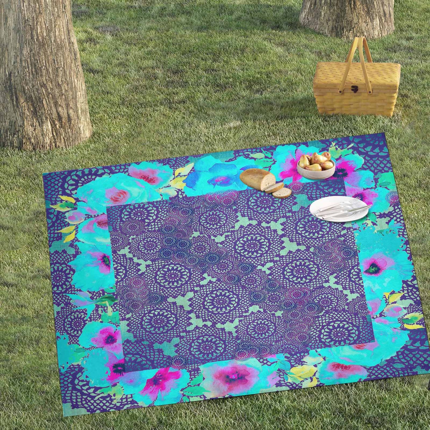 Victorian lace print waterproof picnic mat, 69 x 55in, design 14