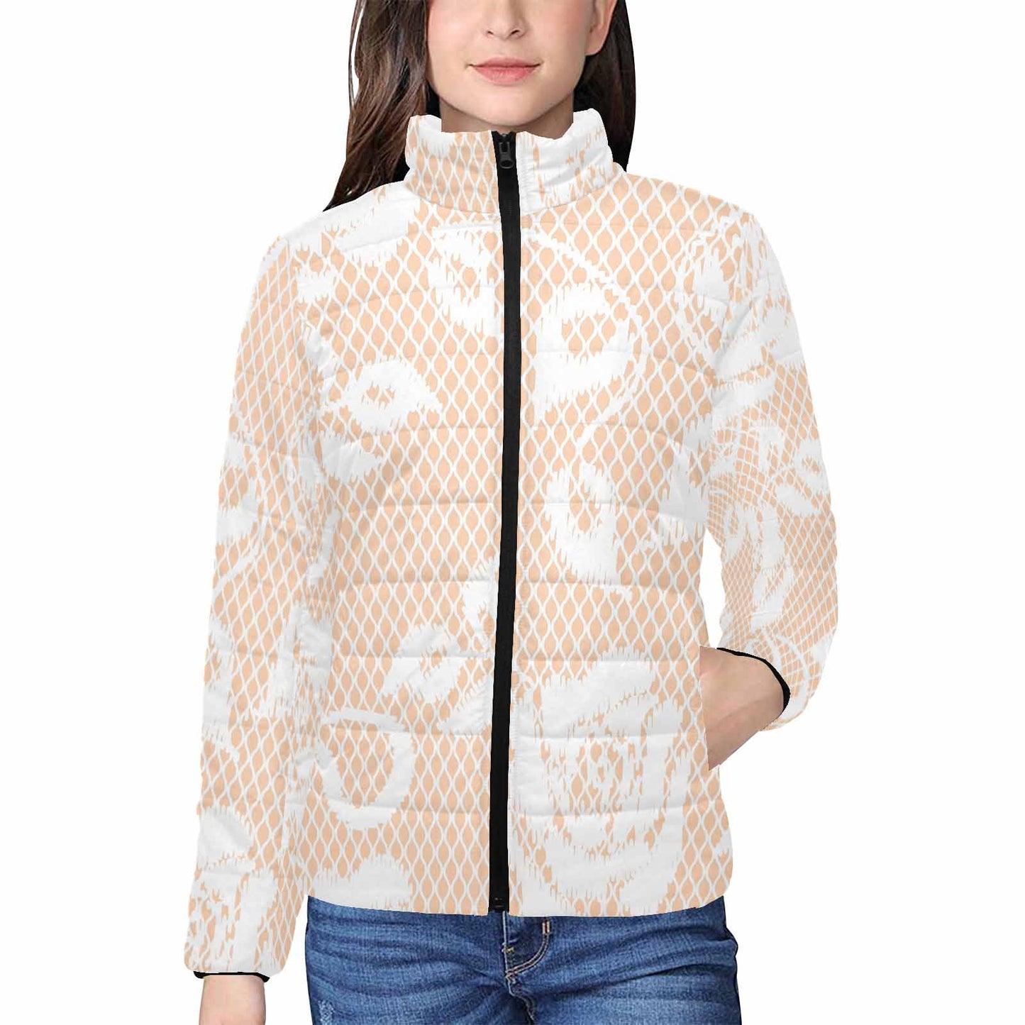 Victorian Lace print womens padded quilted jacket, design 16