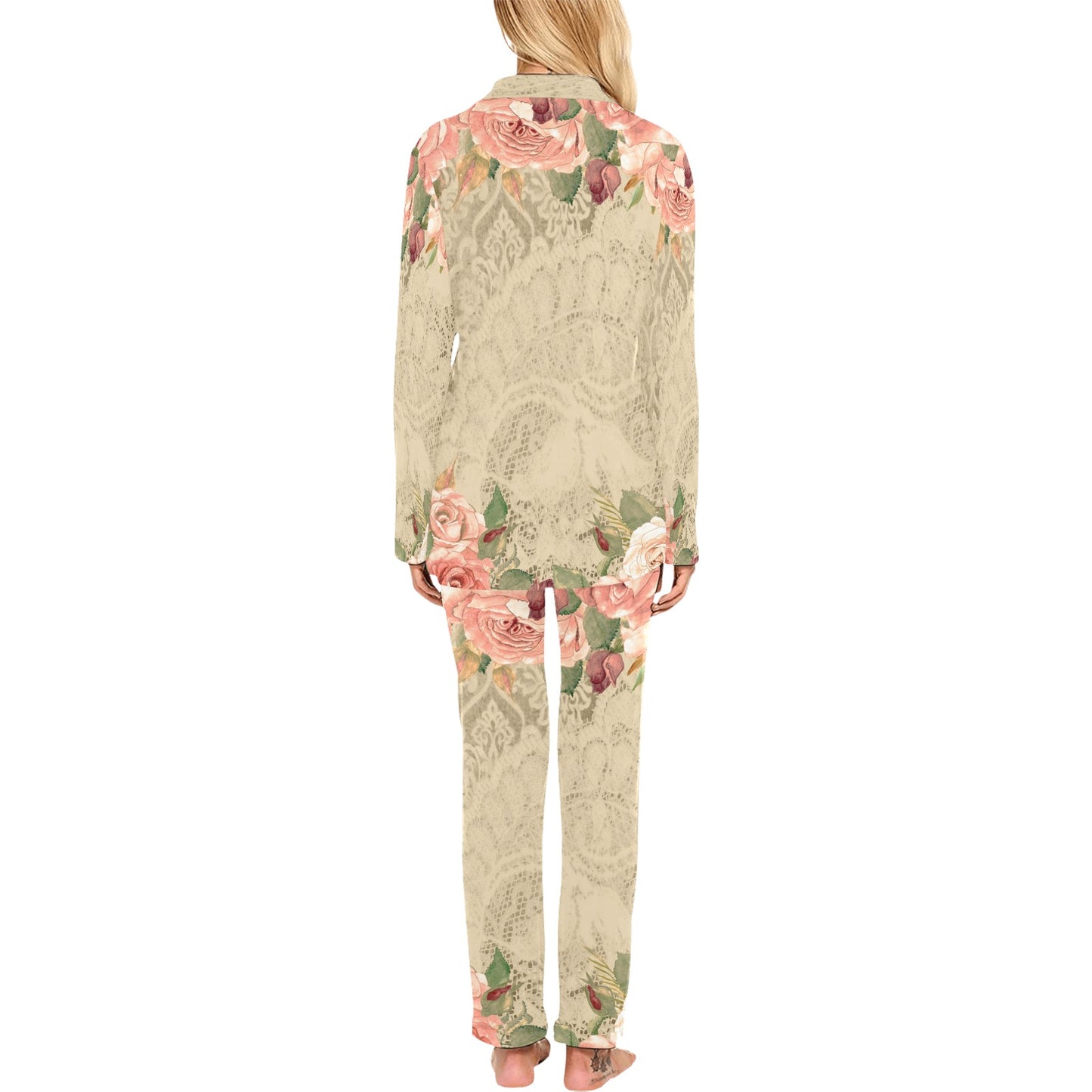 Victorian printed lace pajama set, design 25 Women's Long Pajama Set (Sets 02)