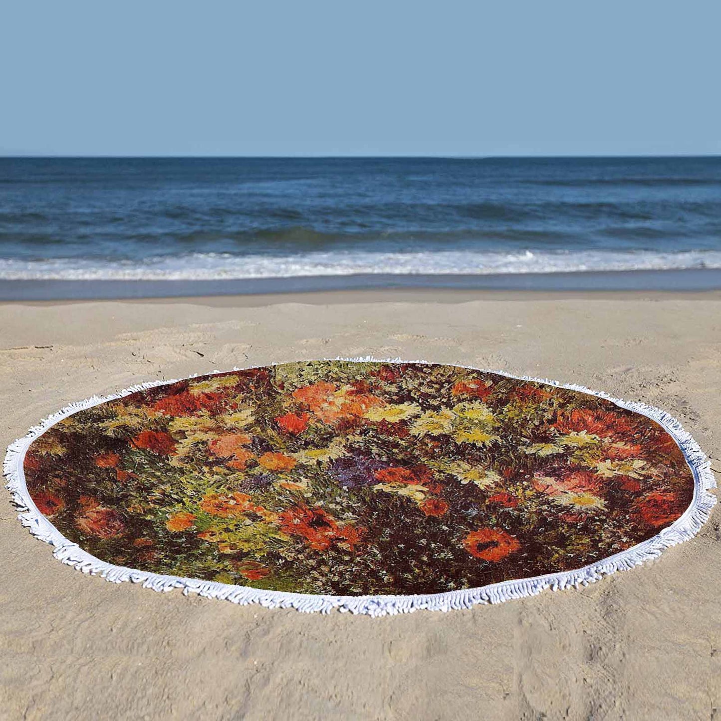 Vintage Floral circular plush beach towel, fringe edges, Design 24