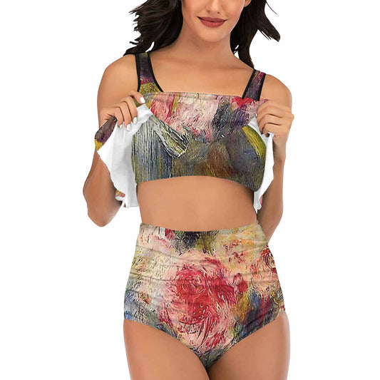 Vintage floral high waisted flounce top bikini, swim wear, Design 26