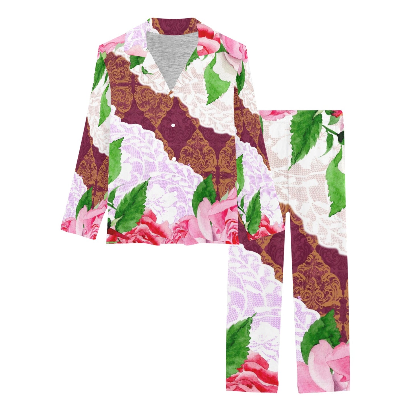 Victorian printed lace pajama set, design 19 Women's Long Pajama Set (Sets 02)