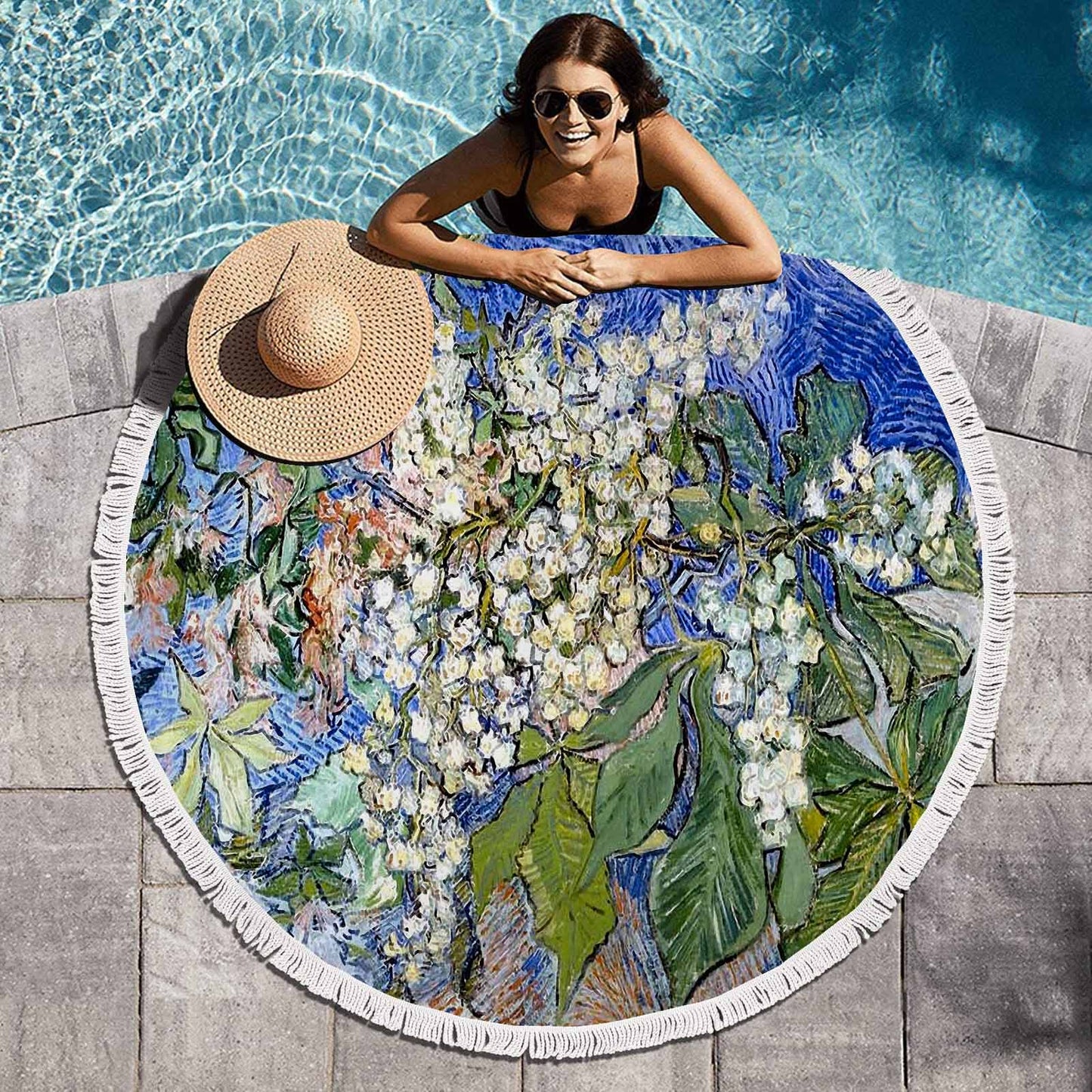 Vintage Floral circular plush beach towel, fringe edges, Design 04