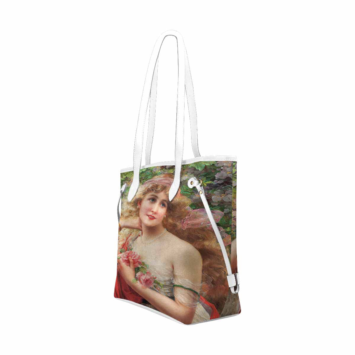 Victorian Lady Design Handbag, Model 1695361, Model 1695361, Young Lady With Roses, WHITE TRIM