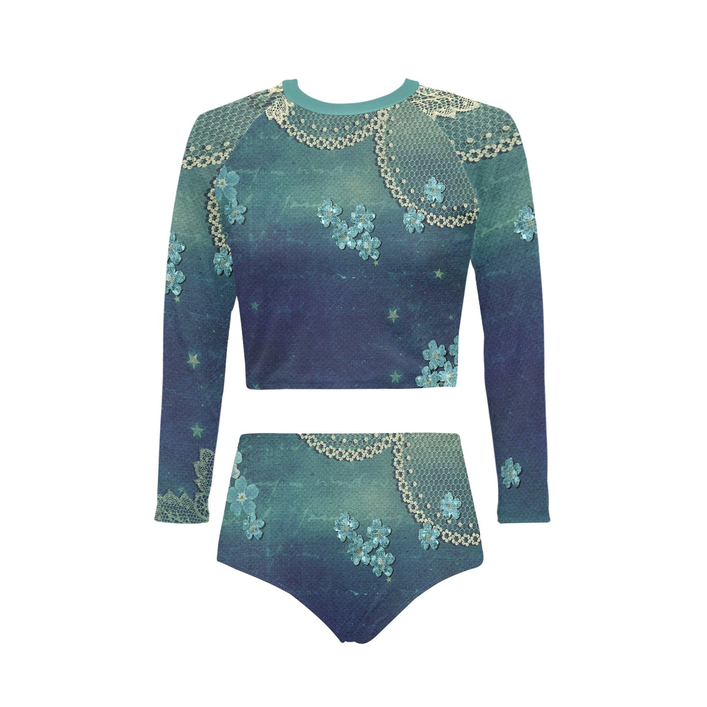 Victorian printed lace, long sleeve 2pc swimsuit, beachwear, design 04 Long Sleeve Bikini Set (Model S27)