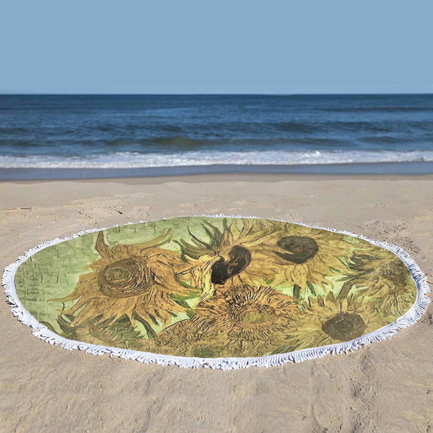 Vintage Floral circular plush beach towel, fringe edges, Design 48x