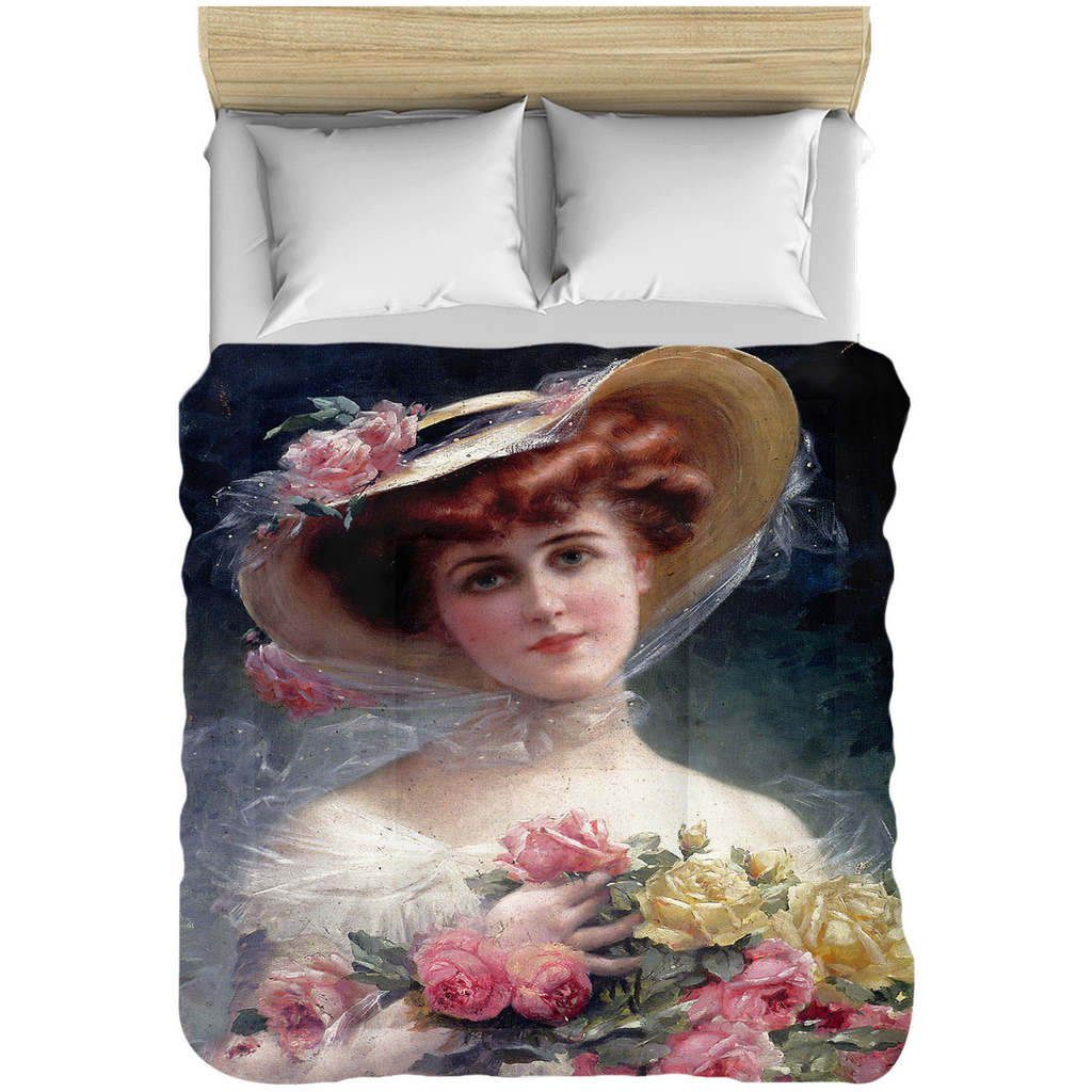 Victorian lady design comforter, twin, twin XL, queen or king, BEAUTY WITH FLOWERS