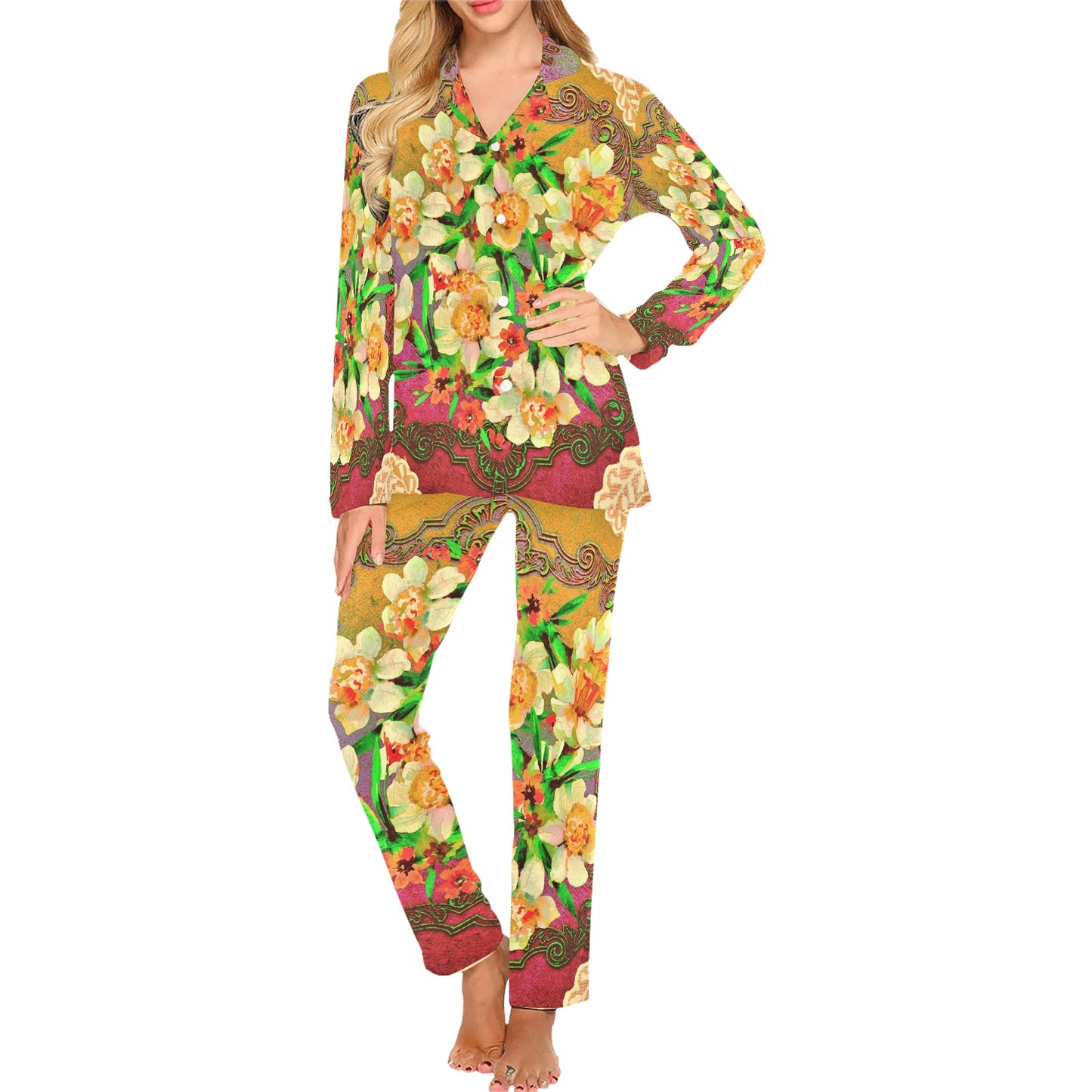 Victorian printed lace pajama set, design 48 Women's Long Pajama Set (Sets 02)