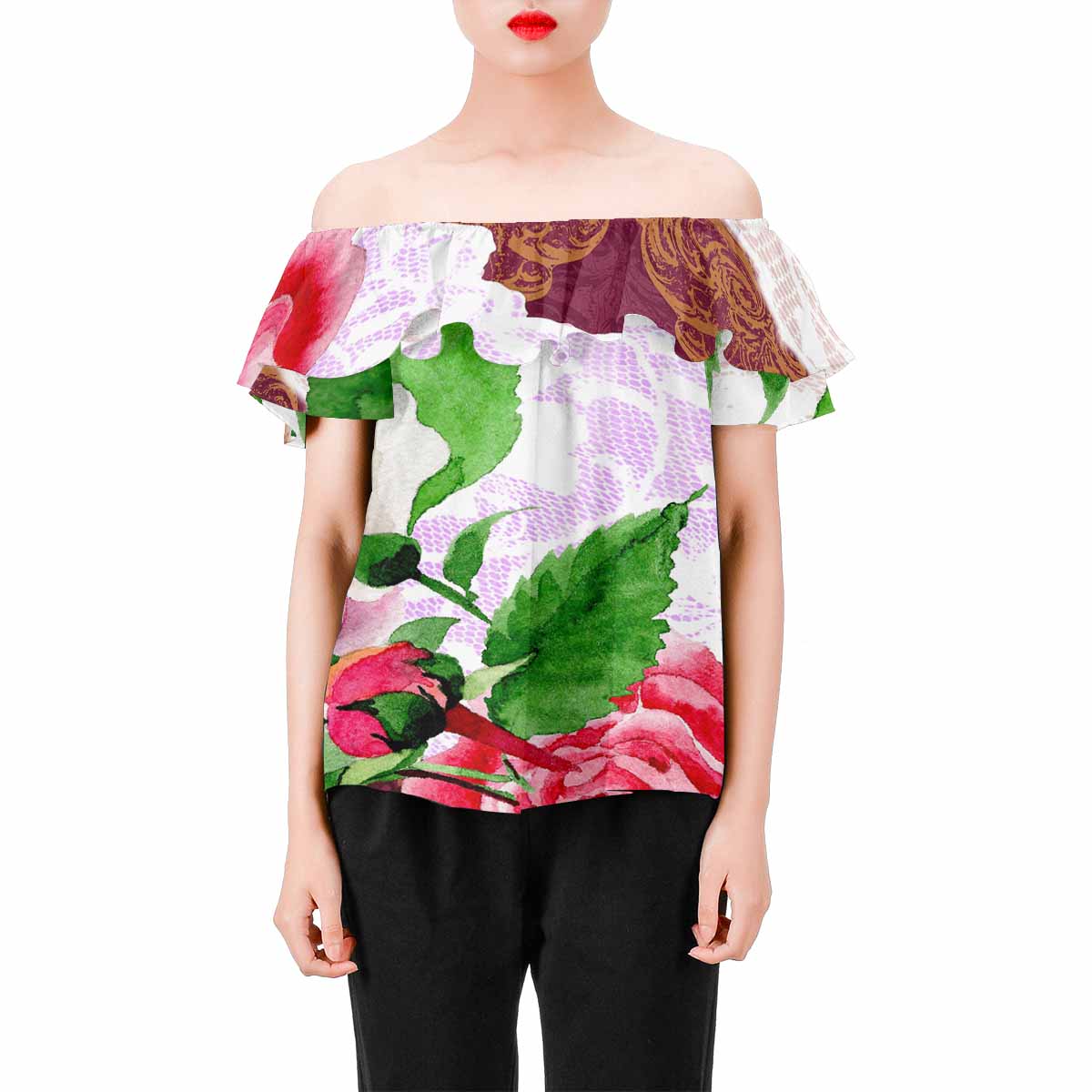 Victorian Lace print Chiffon Blouse, design 19