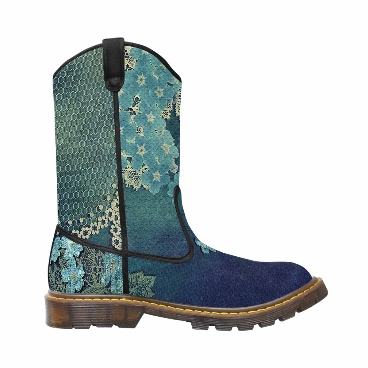 Victorian lace print, western lumber boots, design 04