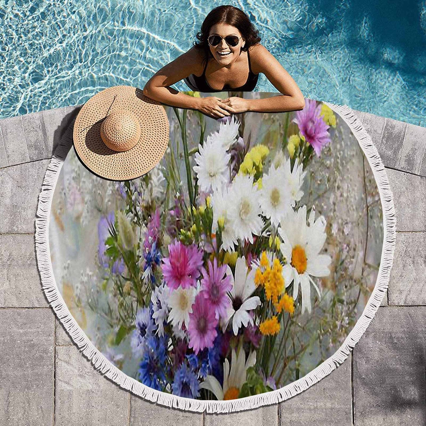 Vintage Floral circular plush beach towel, fringe edges, Design 02