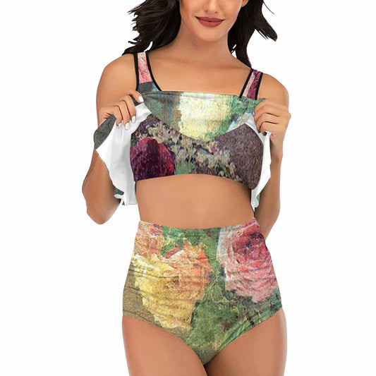 Vintage floral high waisted flounce top bikini, swim wear, Design 29
