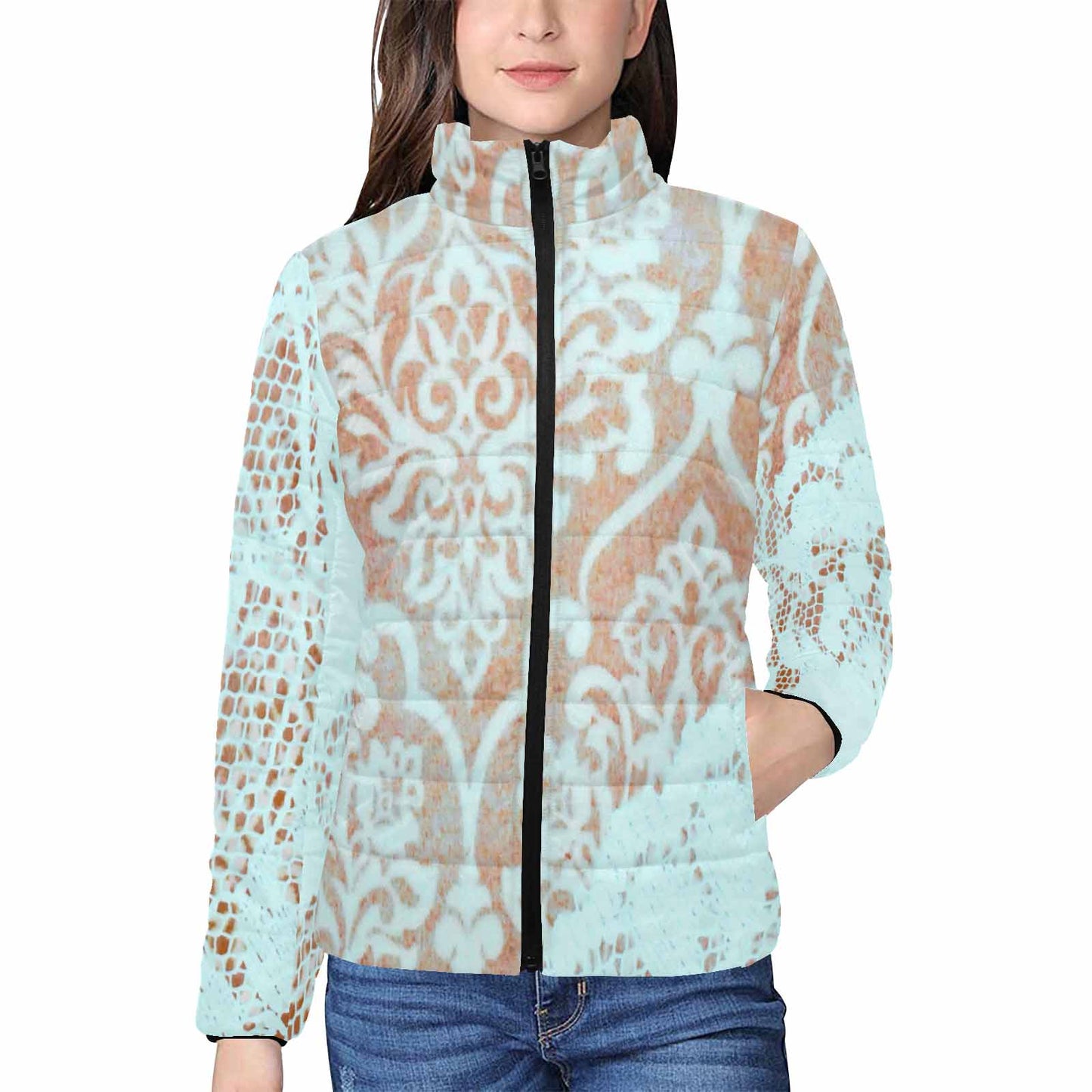 Victorian Lace print womens padded quilted jacket, design 23