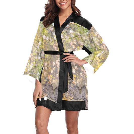 Vintage Floral Kimono Robe, Black or White Trim, Sizes XS to 2XL, Design 05x