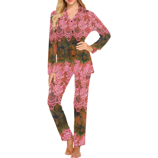 Victorian printed lace pajama set, design 32 Women's Long Pajama Set (Sets 02)